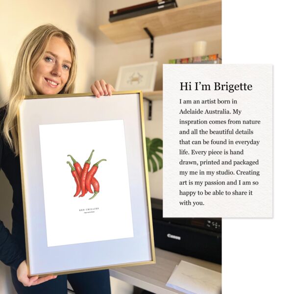 Watercolour illustration of Red Chillies on white background by Brigette Rivers, BRD Prints