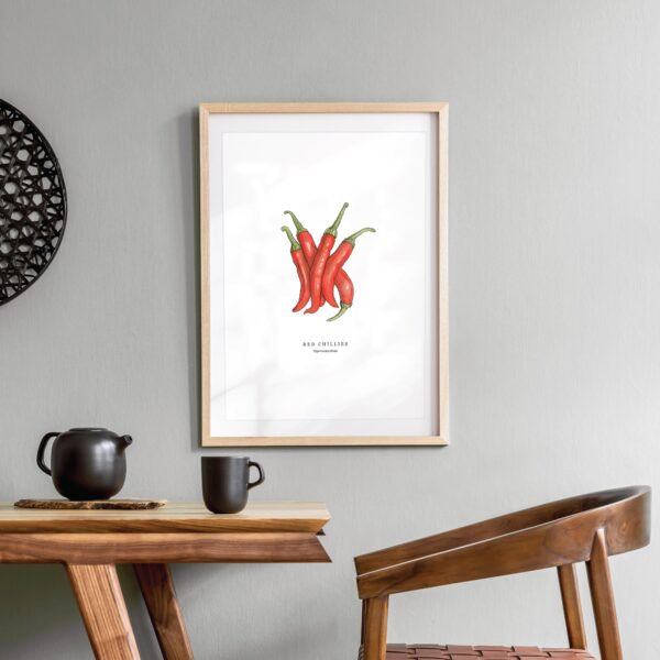 Watercolour illustration of Red Chillies on white background by Brigette Rivers, BRD Prints