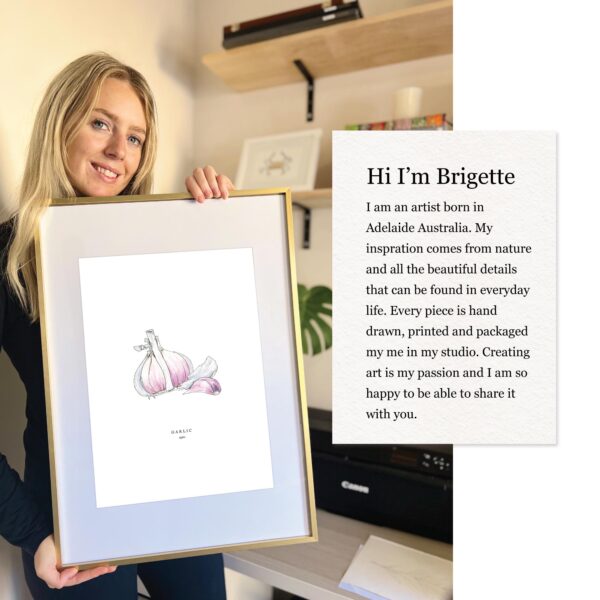 Watercolour illustration of 'Garlic' on white background by Brigette Rivers, BRD Prints