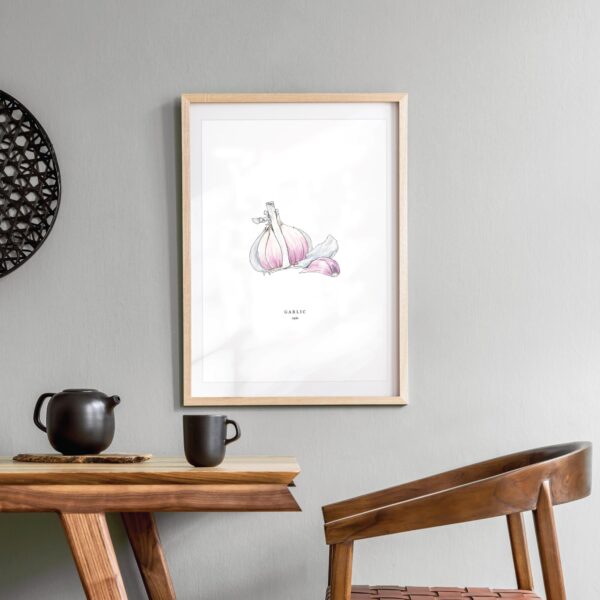 Watercolour illustration of 'Garlic' on white background by Brigette Rivers, BRD Prints