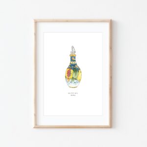Watercolour illustration of 'Olive Oil' on white background by Brigette Rivers, BRD Prints