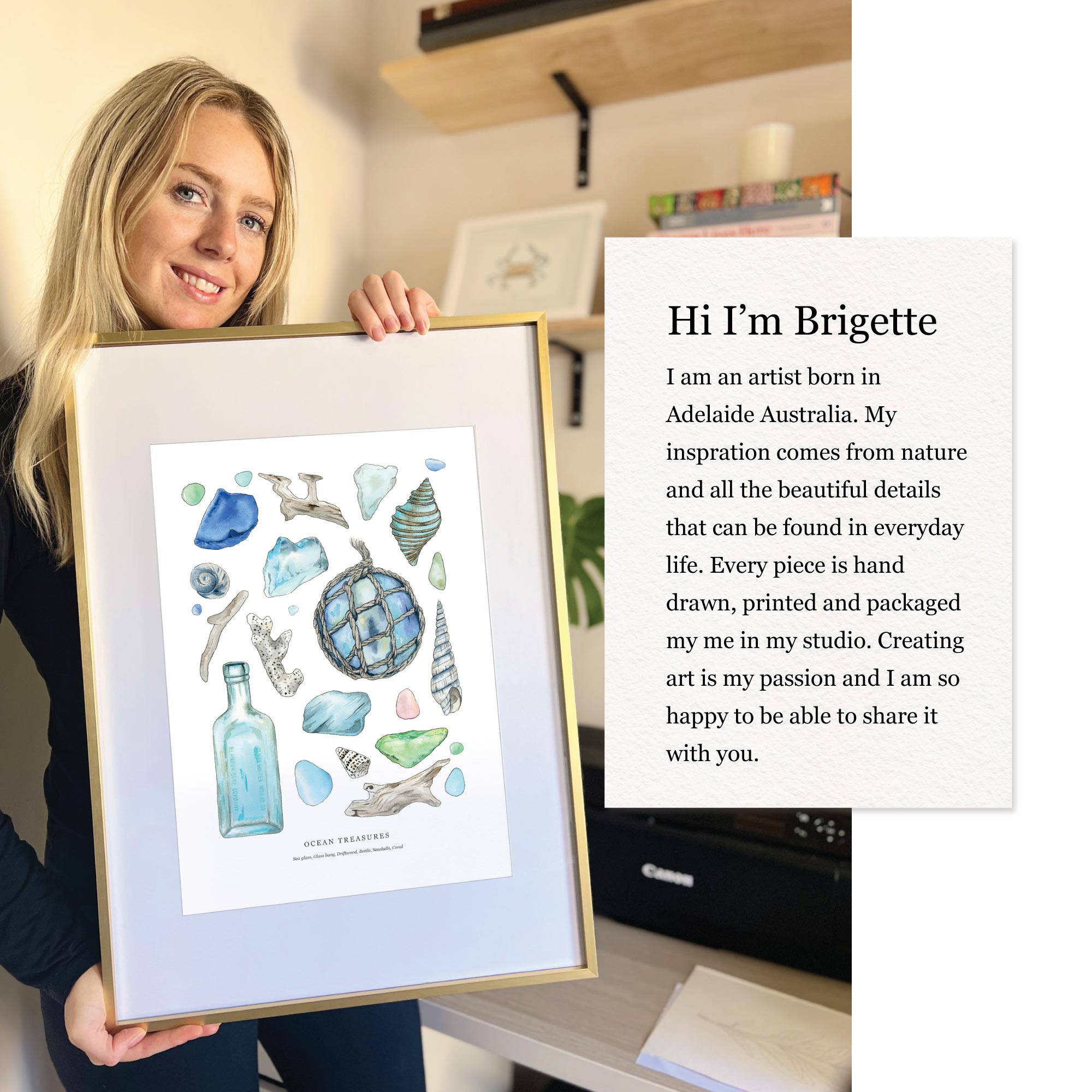 Ocean Treasures in Frame with artist Brigette Rivers